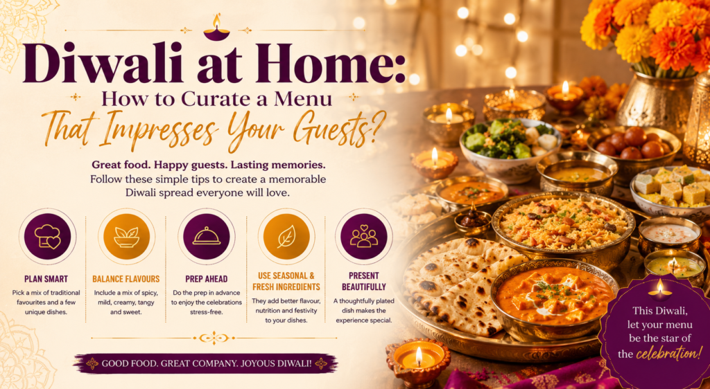 Traditional Indian dishes served as a Diwali party menu at home.