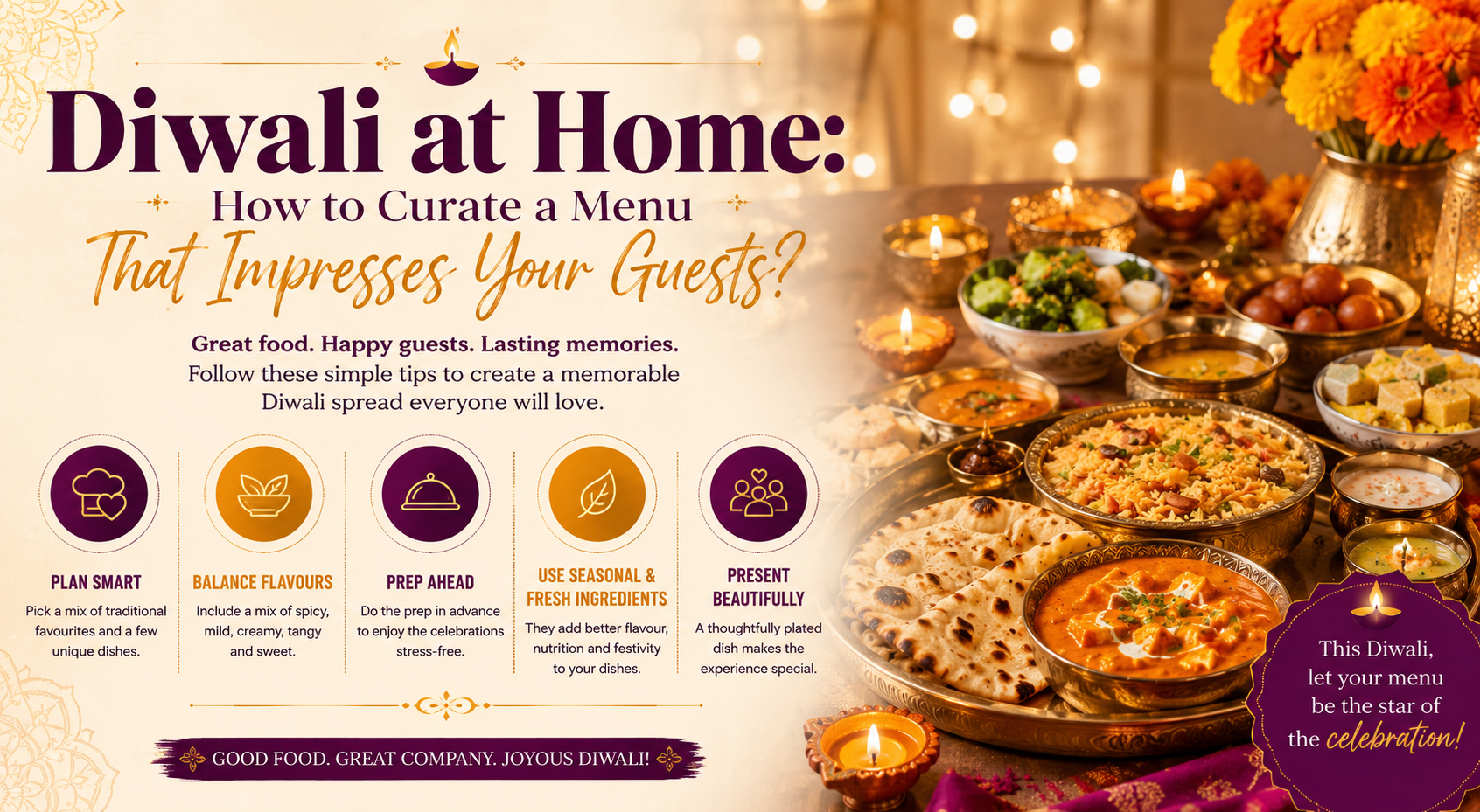 Traditional Indian dishes served as a Diwali party menu at home.