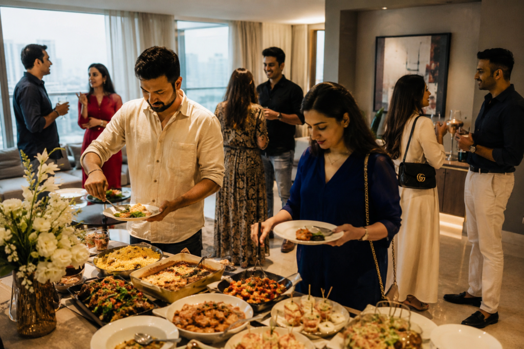 A cozy home catering services in Mumbai with guests enjoying food served by professional home catering services.