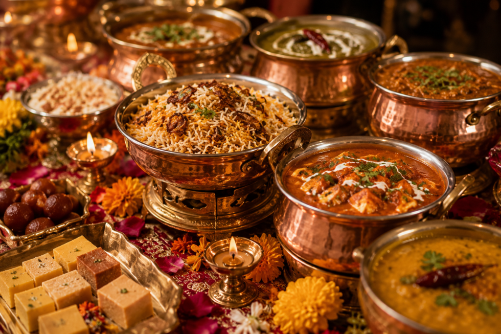A beautiful arrangement of Indian festival food items like premium sweets, snacks, and main courses.