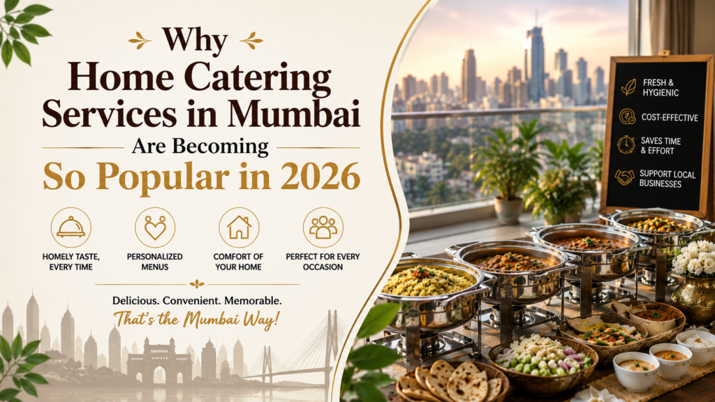 A cozy home catering services in Mumbai with guests enjoying food served by professional home catering services.