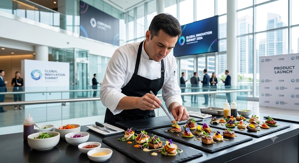 Premium product launch food services featuring interactive live cooking bars