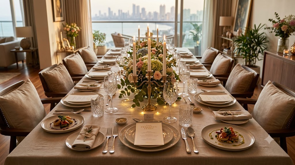 Elegant table setting for party food catering in a Mumbai residence.