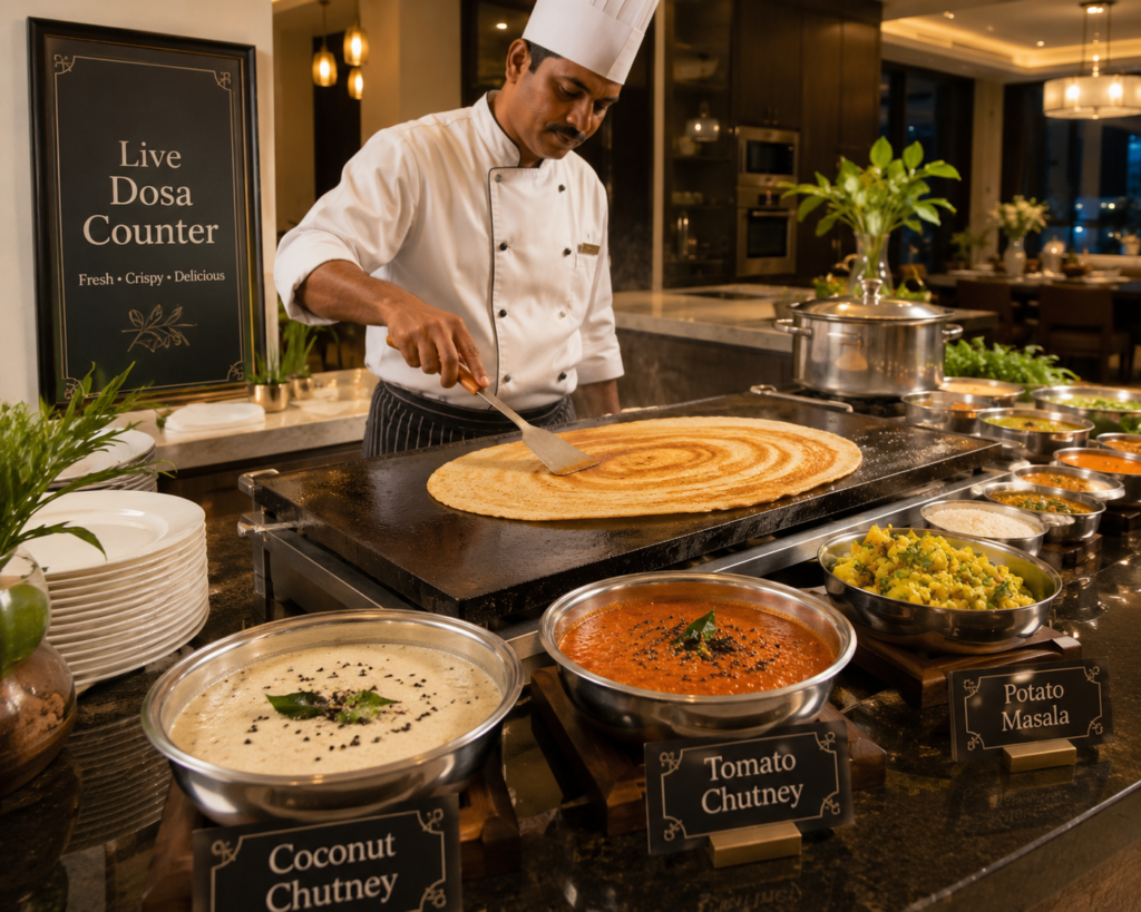 A chef pouring batter onto a large flat tawa to make a crispy South Indian dosa live at a home gathering.