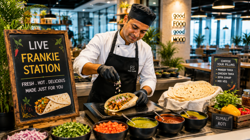 Interactive live frankie counter for corporate food catering programs