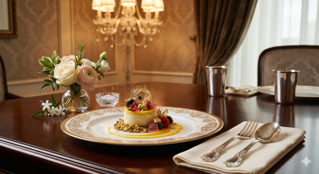 Ultra-luxury fine dining setup inside a premium palace suite