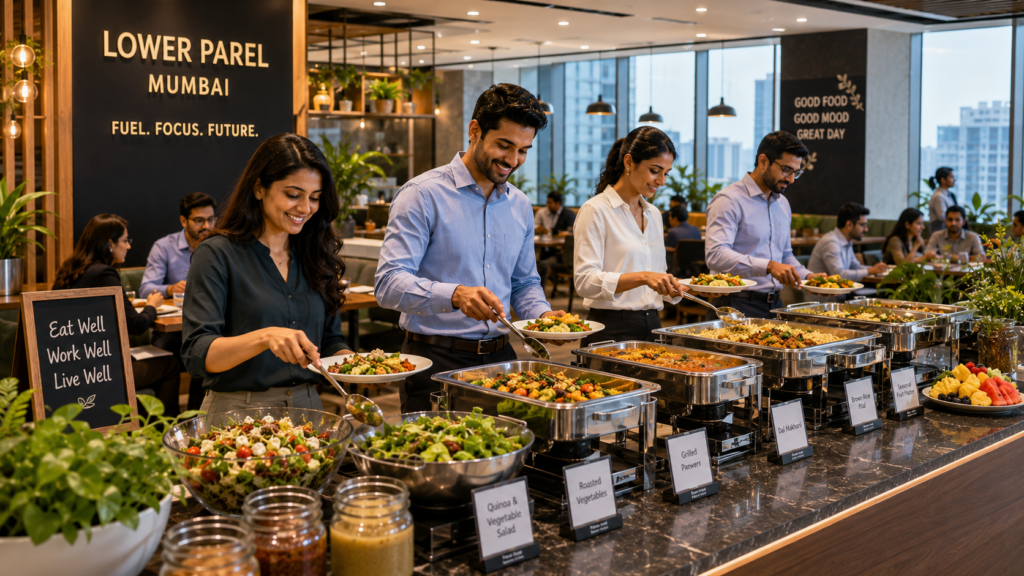 Premium office lunch catering buffet line in a Mumbai corporate house